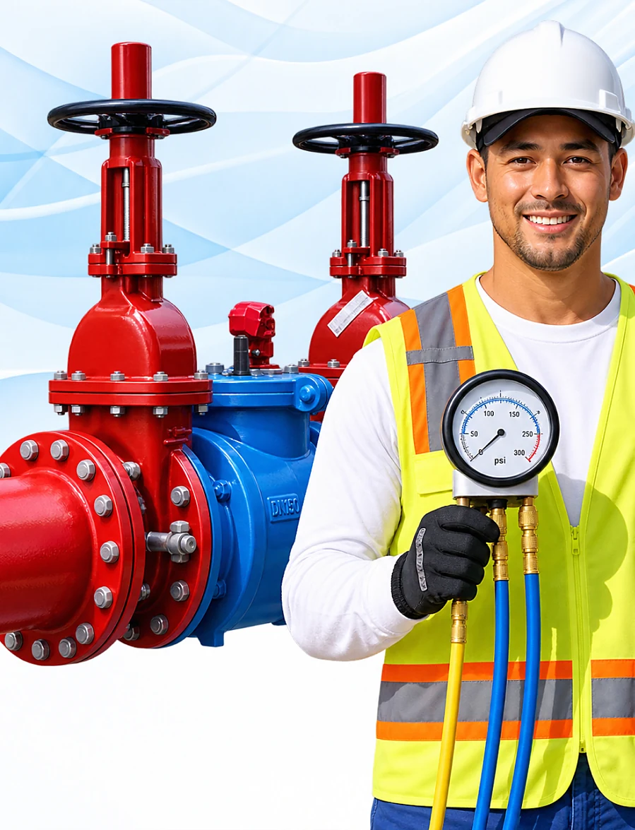 Backflow tester holding a test gauge next to an assembly